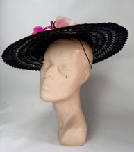 Load image into Gallery viewer, Original 1940's Black Mesh Pancake Hat with Pink Flower and Green Net Trim *
