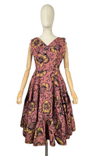 Load image into Gallery viewer, Original 1950&#39;s Salmon Pink Grosgrain Full Circle Day Dress with Bold Floral in Yellow, White and Black Flock - Bust 36
