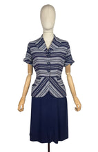 Load image into Gallery viewer, Original 1940's Navy Blue and Grey Linen Stripe Day Dress - Bust 36
