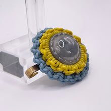 Load image into Gallery viewer, Original 1940&#39;s Blue and Yellow Wartime Make Do and Mend Wire Brooch with Glass Button Middle
