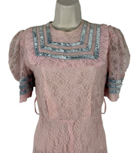 Load image into Gallery viewer, Original 1930&#39;s Pretty Pink and Blue Lace Full Length Belted Evening Dress - Bust 30 32

