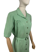 Load image into Gallery viewer, Original 1940&#39;s White and Green Candy Stripe Heavy Linen Button Front Belted Day Dress - Bust 40 42 *
