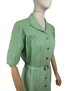 Original 1940's White and Green Candy Stripe Heavy Linen Button Front Belted Day Dress - Bust 40 42 *