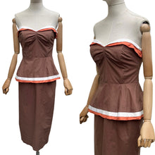 Load image into Gallery viewer, Original 1950's Brown, White and Orange Cotton Wiggle Dress - Bust 34"
