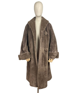 Fabulous Original 1950's Faux Fur Coat with Huge Cuffs, Shawl Collar and Large Buttons - Bust 38" *