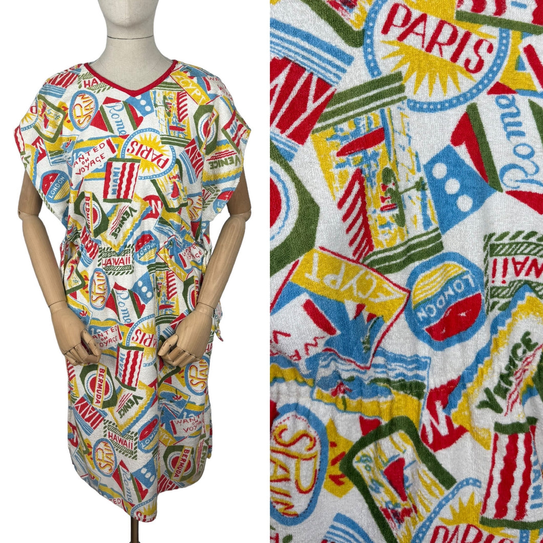 Original 1950's Bright Novelty Print Towelling Beach Cover Up With Tourist Destinations