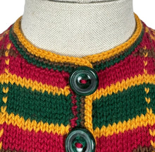 Load image into Gallery viewer, Late 1930&#39;s Reproduction Hand Knitted Long Sleeved Ski Jacket in Cranberry Red, Mustard Yellow, Bottle Green and Chocolate Brown Pure Wool  - Bust 36 37
