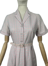 Load image into Gallery viewer, Original 1950's Crisp Cotton Belted Day Dress in Pink and Blue Plaid - Bust 36 37 *
