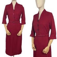 Load image into Gallery viewer, Original 1950&#39;s Burgundy Wool Belted Wiggle Dress with Pockets by &#39;A Trustyle Model&#39;  - Bust 36 38 *
