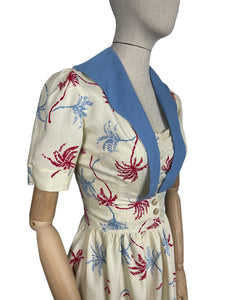 Original Petite Fitting 1940's 1950's Novelty Print Dress and Jacket Set with Palm Tree Print in Red, White and Blue Cotton Rayon - Bust 32"