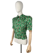 Load image into Gallery viewer, 1940&#39;s Reproduction Christmas Blouse In Green, White and Red Michael Miller Cotton &#39;Corny Cane&#39; - Bust 34&quot; 36&quot;
