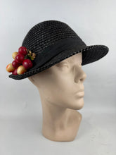 Load image into Gallery viewer, Original 1930's Black Straw Cloche Hat with Charming Red Cherry Trim *
