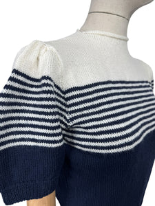 Reproduction 1940's Striped Jumper in Midnight Blue and White with Full Puff Sleeves - Bust 34 36