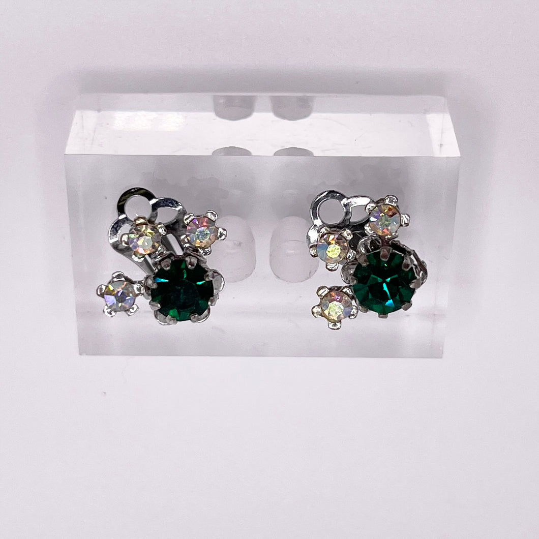 Vintage Green and Aurora Borealis Paste Clip on Earrings