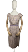 Load image into Gallery viewer, Original 1950&#39;s Pure Silk Squirrel Novelty Print Belted Wiggle Dress in Taupe and Purple - Bust 36
