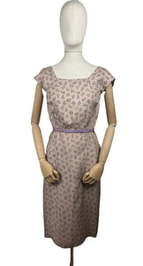 Original 1950's Pure Silk Squirrel Novelty Print Belted Wiggle Dress in Taupe and Purple - Bust 36