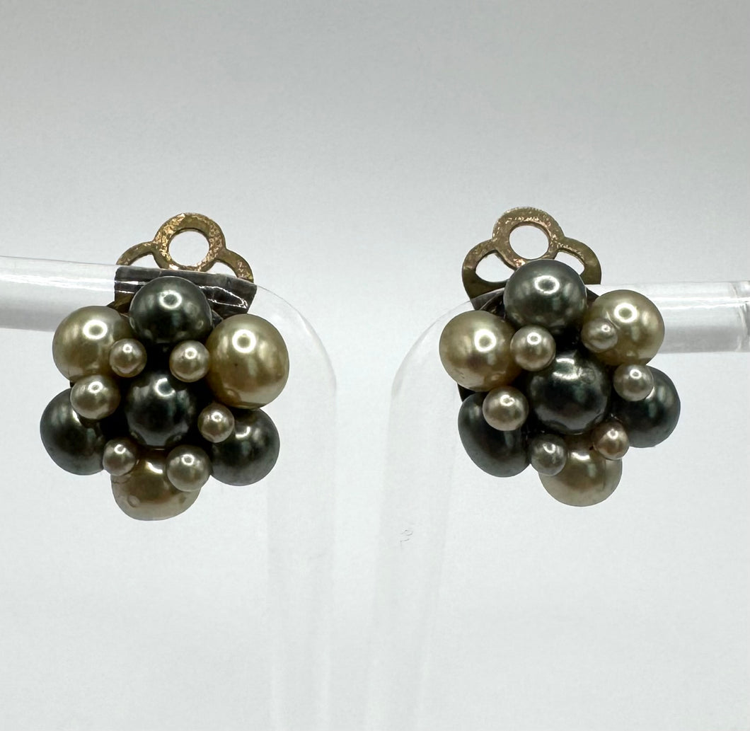 Original 1950's Mid Century Faux Pearl and Grey Clip on Flower Earrings