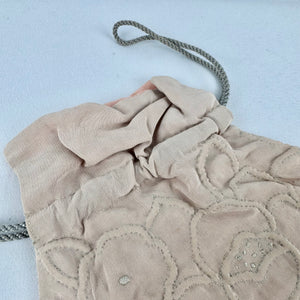 1920's 1930's Blush Crepe Trapunto Quilted Drawstring Bag with Peach Crepe Lining