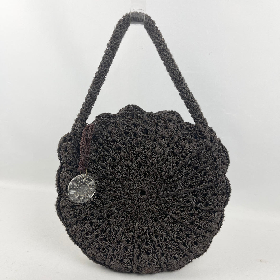 Original 1940's Dark Brown Circular Crochet Bag with Carved Lucite Detail