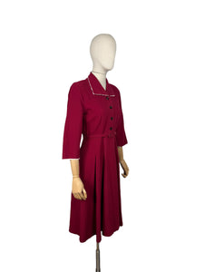 Original 1940’s Rich Red Wool Belted Day Dress with White Trim - Bust 34 36