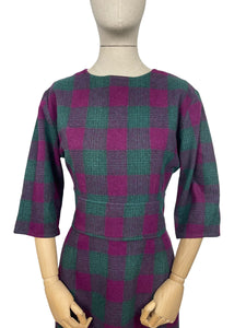 Original 1950’s Plaid Wool Wiggle Dress in Purple, Magenta and Green - Bust 38 40 *