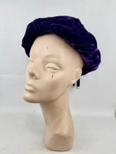 Load image into Gallery viewer, Original 1950's Cotton Velvet hat in Rich Purple with Tassel Trim
