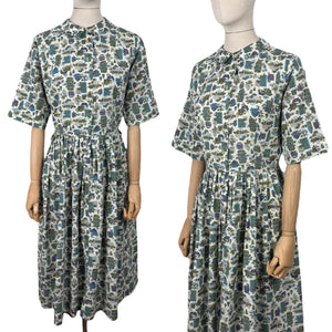 Vintage 1950's 1960's Lightweight Cotton Novelty Print Shirtwaister Dress in Purple, Blue and Green - Bust 36