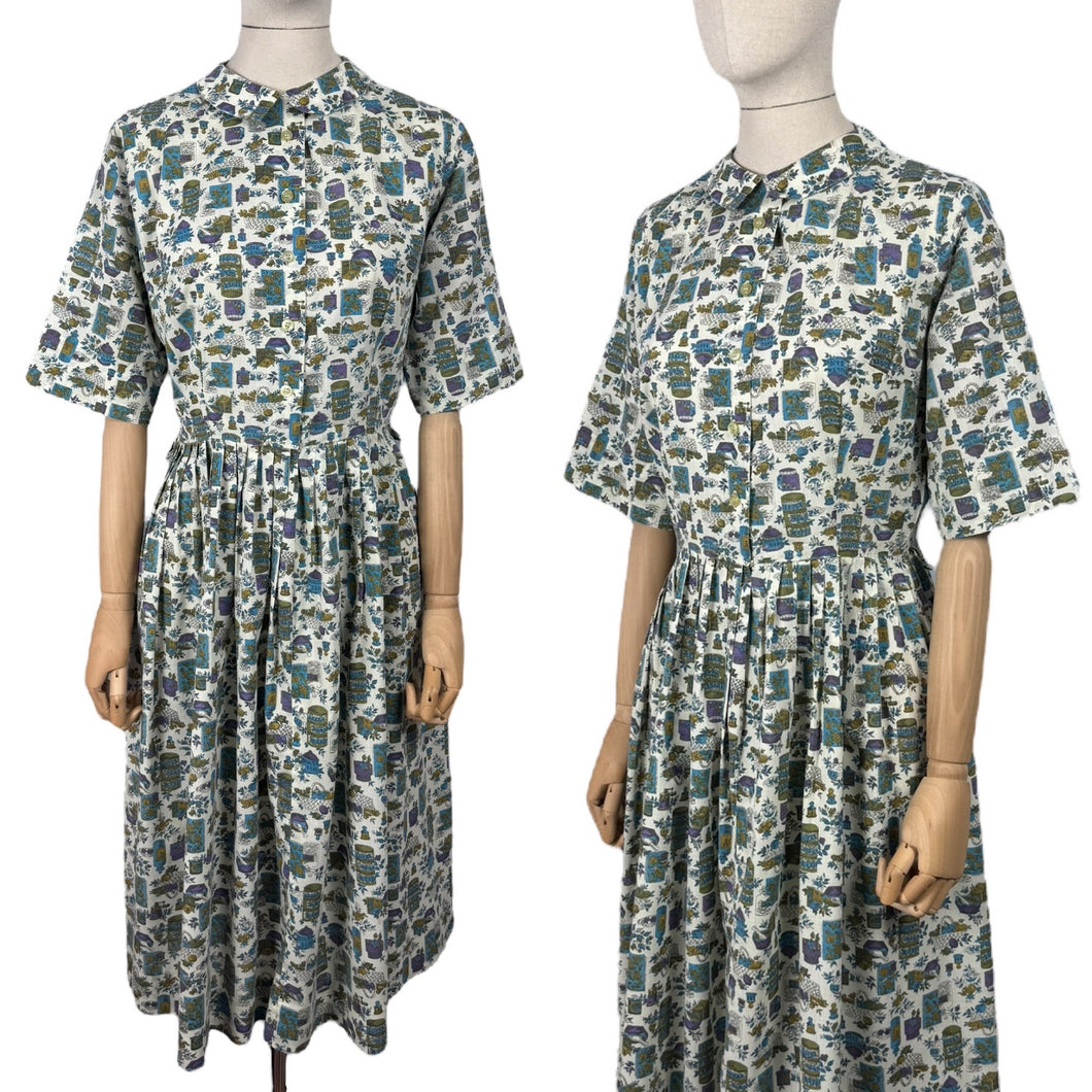 Vintage 1950's 1960's Lightweight Cotton Novelty Print Shirtwaister Dress in Purple, Blue and Green - Bust 36