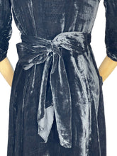 Load image into Gallery viewer, Original 1930’s Black Cotton Velvet Full Length Evening Dress with Bow Tie Belt - Bust 34 *

