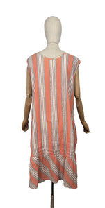 Original 1920's Volup Stripe Cotton and Lace Dress in White, Black and Orange - Bust 46