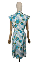 Load image into Gallery viewer, Original 1950&#39;s Stripe Floral Cotton Sleeveless Belted Day Dress in Blue and White with Bold Blue Roses - Bust 36 37

