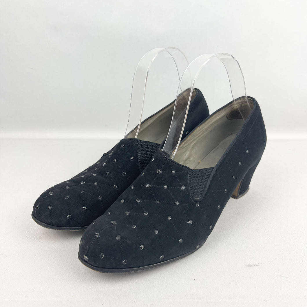 Original 1940's Black Suede Court Shoes with Pretty Stitch Detail - UK 5 5.5