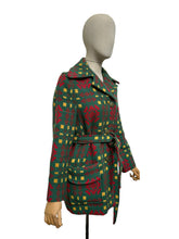 Load image into Gallery viewer, 1960's or 1970's Welsh Wool Tapestry Belted Coat in Green, Red and Yellow - Bust 34
