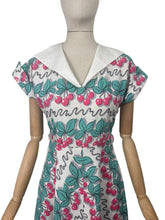 Load image into Gallery viewer, Original 1950's Vibrant Cotton Dress in White, Blue, Black and Pink Cherry Print - Bust 34 35 *
