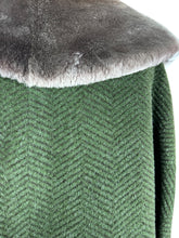 Load image into Gallery viewer, Original 1950's Volup Rensor Green Herringbone Wool Coat with Huge Faux Fur Collar - Bust 42 44
