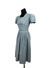 Load image into Gallery viewer, Original 1940&#39;s Petite Fit Textured Cotton Stripe Dress in Green, Pink, Blue and White - Bust 34 *
