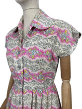 Load image into Gallery viewer, Original Late 1940&#39;s Ritchwear Floral Cotton Stripe Day Dress in White, Black, Pink, Yellow and Blue - Bust 37
