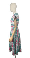 Load image into Gallery viewer, Original 1950's Vibrant Cotton Dress in White, Blue, Black and Pink Cherry Print - Bust 34 35 *
