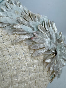 Original 1950's Ice Blue and Ivory Lacquered Raffia Half Hat with Petal Trim and Velvet Bow