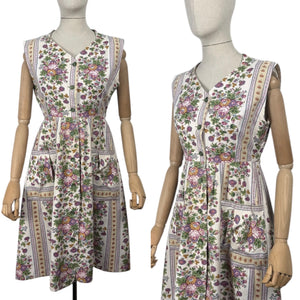 Original 1940's Thick Cotton Floral Stripe Sleeveless Chore Dress by Ritchwear - Bust 38 39