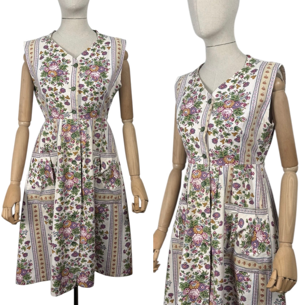 Original 1940's Thick Cotton Floral Stripe Sleeveless Chore Dress by Ritchwear - Bust 38 39