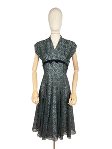 Original 1950's Ice Blue and Black Lace Cocktail Dress with Velvet Ribbon Trim - Bust 36 *