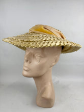 Load image into Gallery viewer, Original Late 1940's or Early 1950's Walter Florell Raffia Hat in Yellow with Velvet Ribbon Trim *

