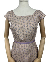 Load image into Gallery viewer, Original 1950&#39;s Pure Silk Squirrel Novelty Print Belted Wiggle Dress in Taupe and Purple - Bust 36
