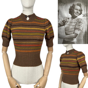 Reproduction 1930's Brown Hand Knitted Alpaca Wool Stripe Jumper with Puff Sleeves and Double Button Fastening - Bust 32