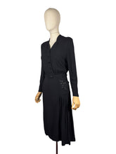 Load image into Gallery viewer, Original 1940's Classic Black Crepe Belted Day Dress with Beaded Pocket Detail - Bust 35 36
