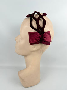 Original 1950's Burgundy Velvet Half Hat with Double Satin Bow Trim - Great Cocktail Hat