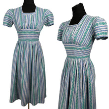 Load image into Gallery viewer, Original 1940&#39;s Petite Fit Textured Cotton Stripe Dress in Green, Pink, Blue and White - Bust 34 *
