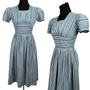 Original 1940's Petite Fit Textured Cotton Stripe Dress in Green, Pink, Blue and White - Bust 34 *