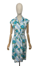 Load image into Gallery viewer, Original 1950&#39;s Stripe Floral Cotton Sleeveless Belted Day Dress in Blue and White with Bold Blue Roses - Bust 36 37
